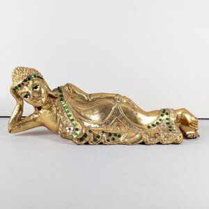 Wood carved reclining Thai Buddha statue, gilded gold handmade home decor